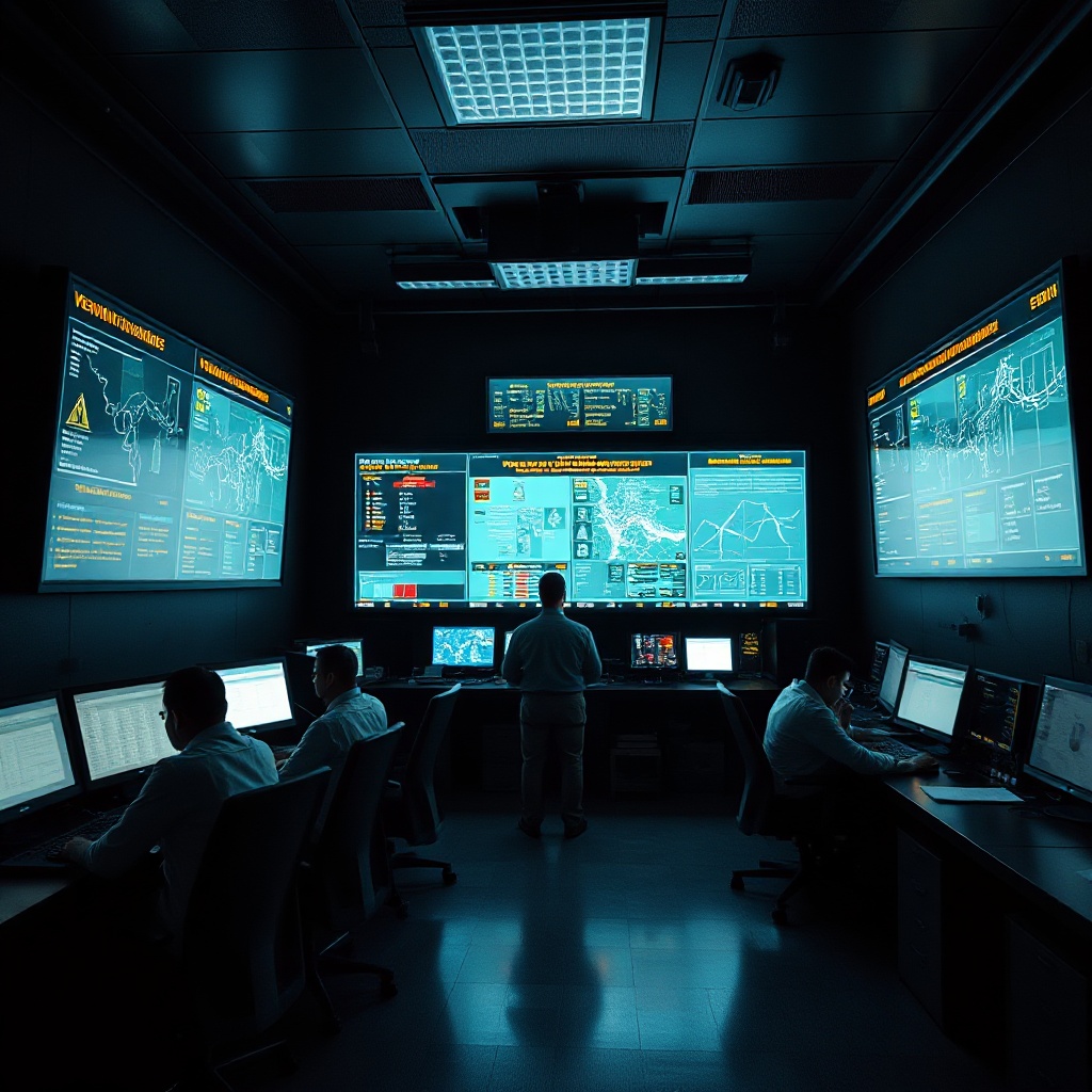 A dark control room with illuminated screens showing power grid management systems, with warning alerts visible and technicians working urgently at computer stations.