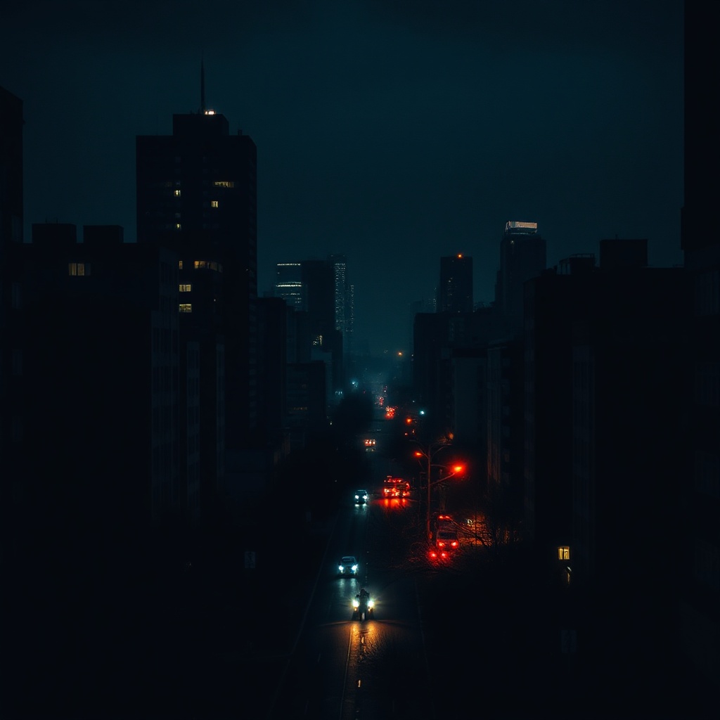 A dramatic nighttime cityscape showing darkened buildings and streets during a power outage, with only emergency lights and vehicle headlights visible against the darkness.
