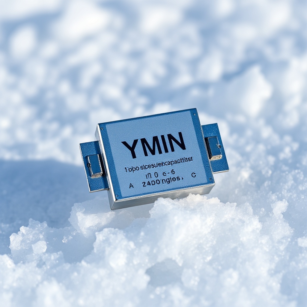 A close-up of YMIN's 3.8V lithium-ion supercapacitor with visible terminals against a backdrop of snow or ice, visually representing its cold temperature capabilities.
