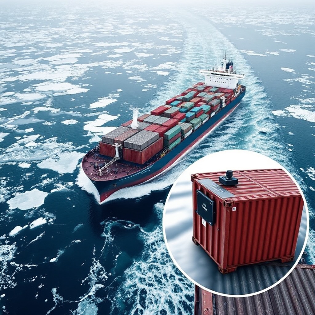 A container ship navigating through icy Arctic waters with a small inset showing a tracking device mounted on a shipping container, illustrating the real-world application of the technology in extreme environments.