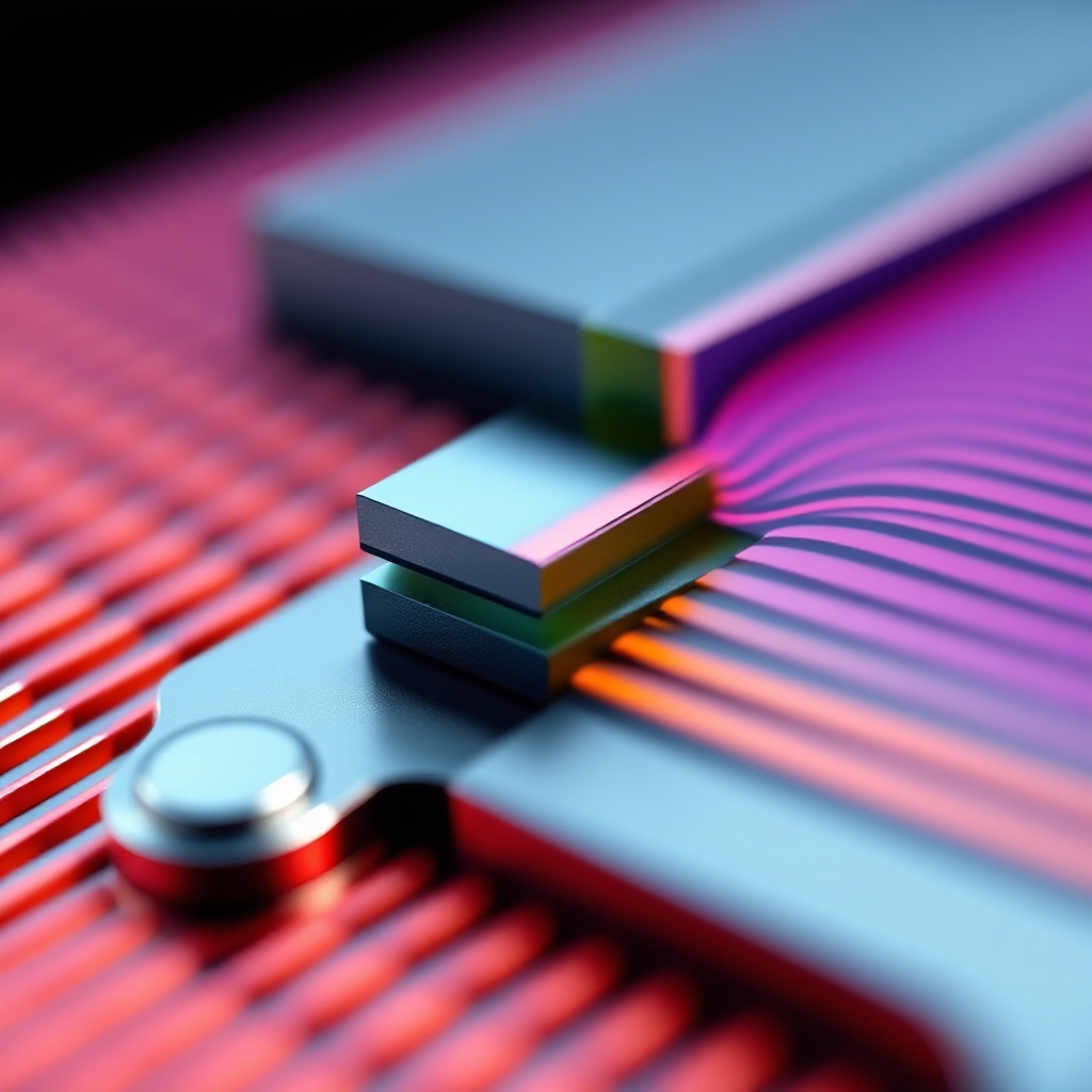 Close-up visualization of a SOT-MRAM memory cell showing the separate read and write paths with magnetic layers in contrasting colors, demonstrating its unique architecture.