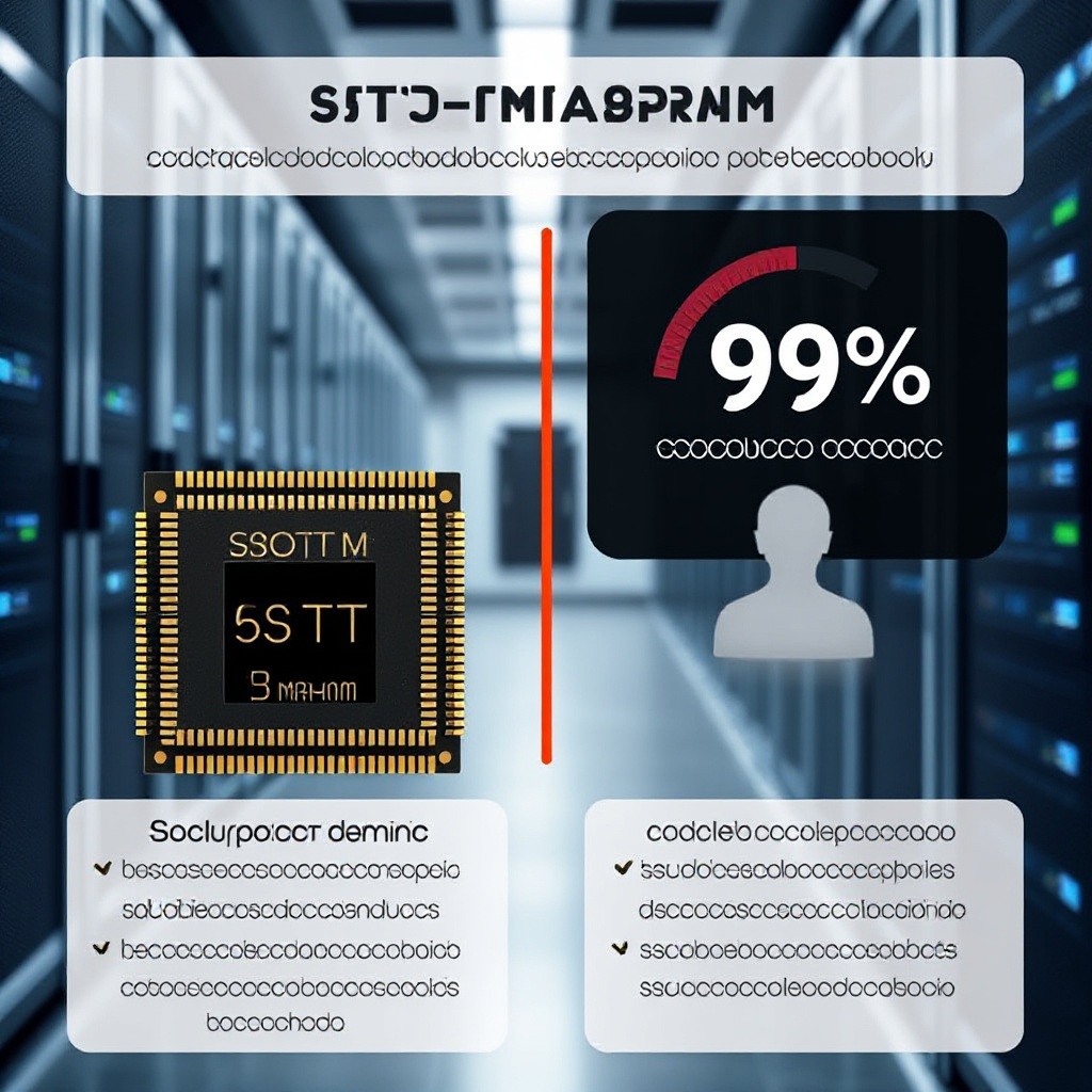 A comparison visualization showing a SOT-MRAM chip next to a traditional memory chip with a power consumption meter displaying the 99% power reduction, set against a background of a modern data center.