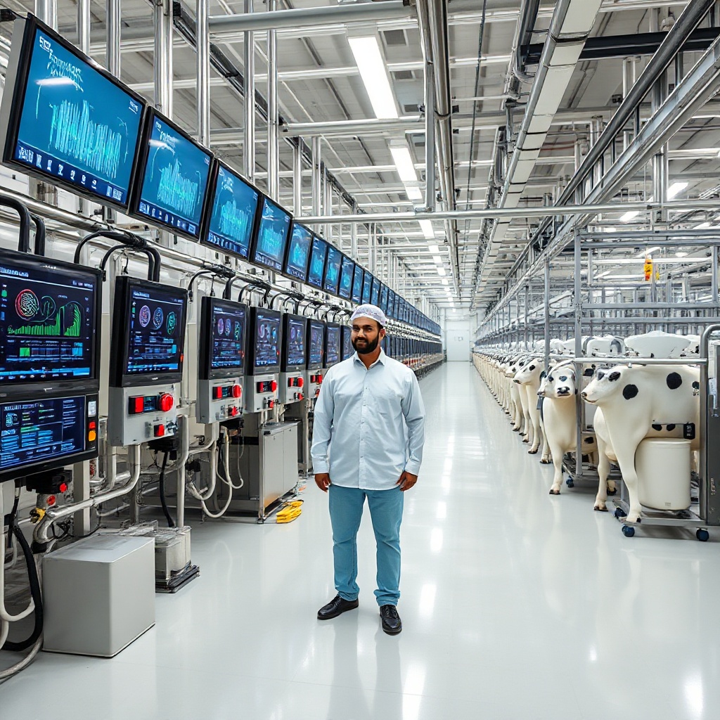 Modern dairy production facility with advanced automation technology and digital monitoring screens showing real-time production data at SADAFCO's plant in Saudi Arabia