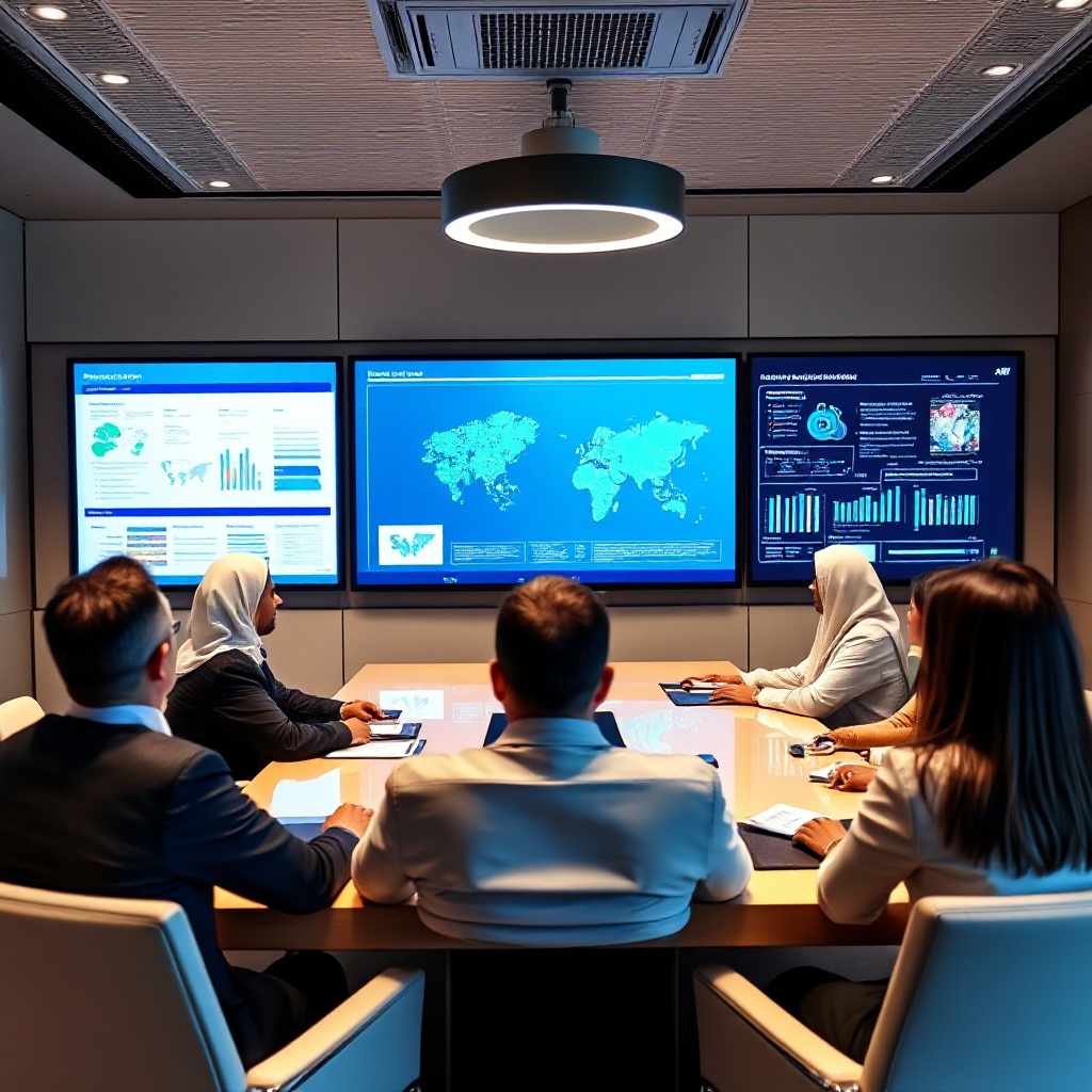 SADAFCO executive team meeting with SAP and NTT DATA-IGSA representatives, reviewing digital transformation plans on large touchscreen displays in a contemporary boardroom