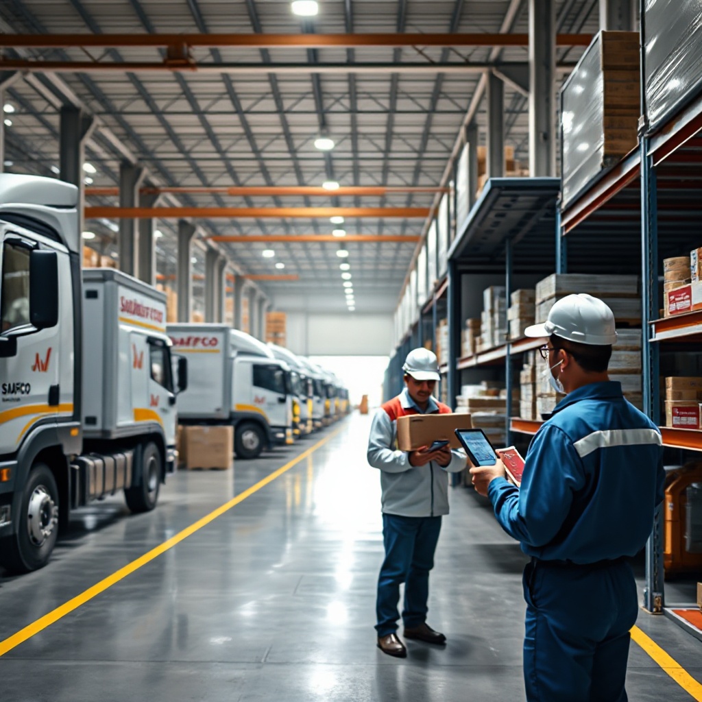 SADAFCO delivery trucks loading products at a digitally-managed distribution center with workers using handheld devices for inventory tracking and logistics management