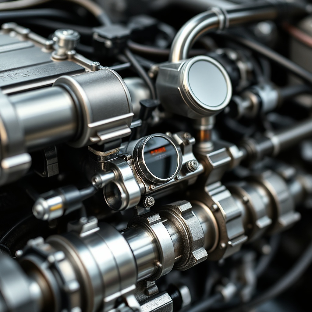 Close-up of a modern automotive selective catalytic reduction (SCR) system with visible sensors and catalytic components, showing the technological complexity of advanced emission control systems