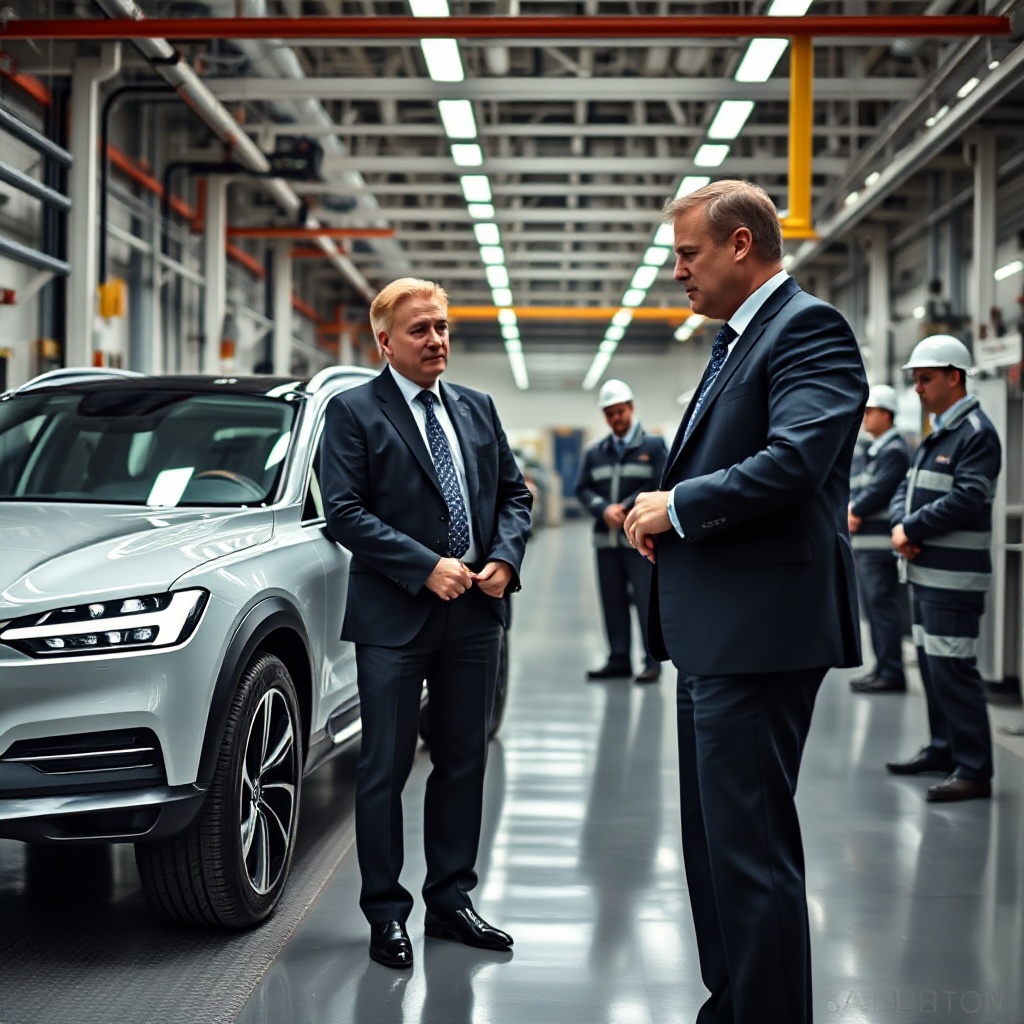 H&aring;kan Samuelsson in business attire examining a hybrid Volvo SUV prototype on the factory floor with engineers in the background.