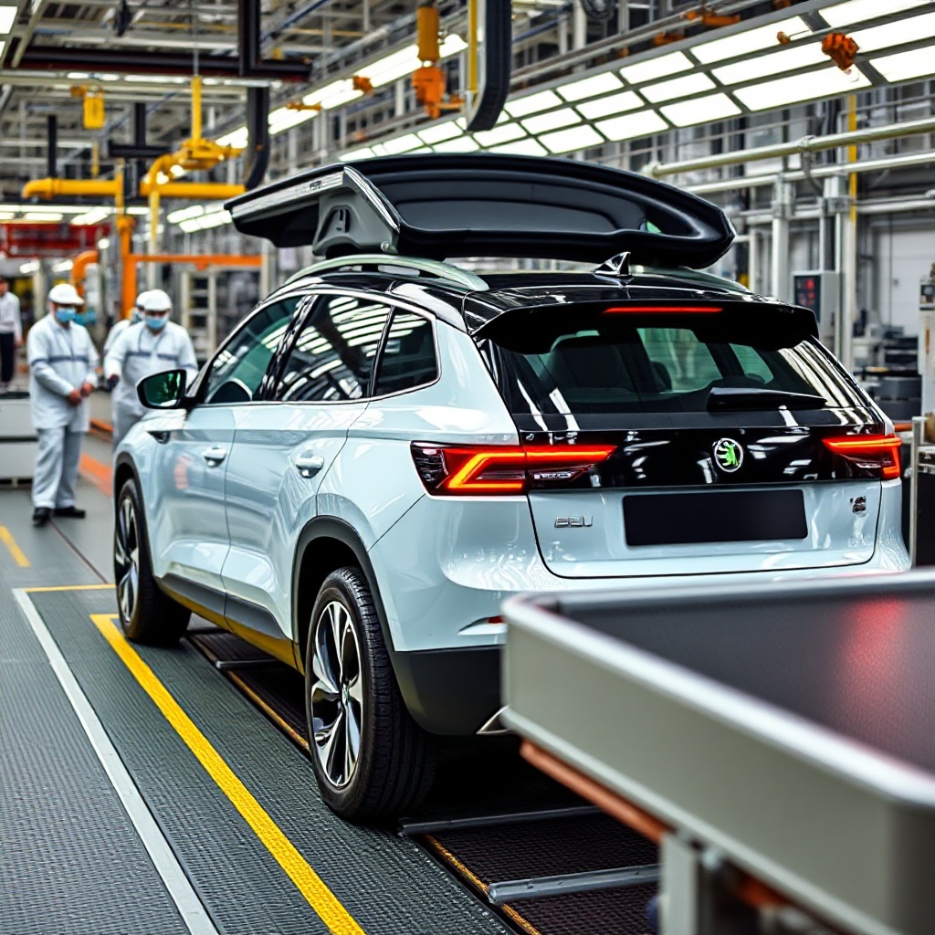 A sleek, modern Škoda Elroq electric SUV rolling off the production line at the Mladá Boleslav factory, with technicians in the background monitoring the manufacturing process.