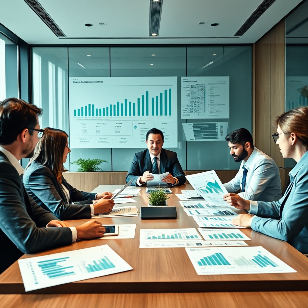 A modern corporate boardroom with executives gathered around a table reviewing sustainability reports and charts showing positive financial trends