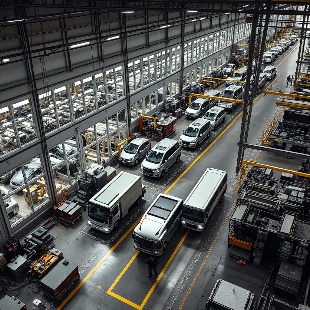 Aerial view of a large automotive manufacturing plant in North America with assembly lines visible through windows and trucks loading finished vehicles, showing the integration of the regional auto industry.