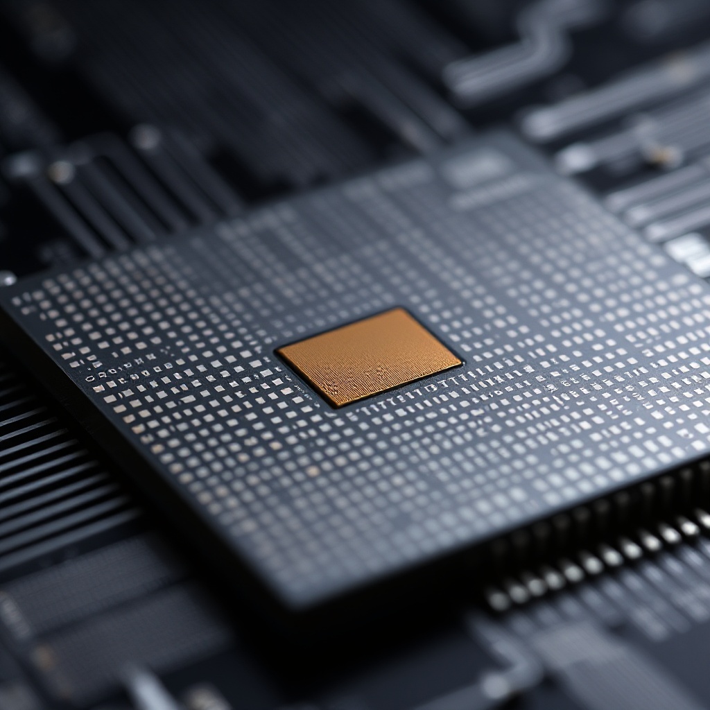 Close-up of an Infineon SiC semiconductor chip featuring the trench-based superjunction structure, with visible patterns of the semiconductor architecture against a dark background.