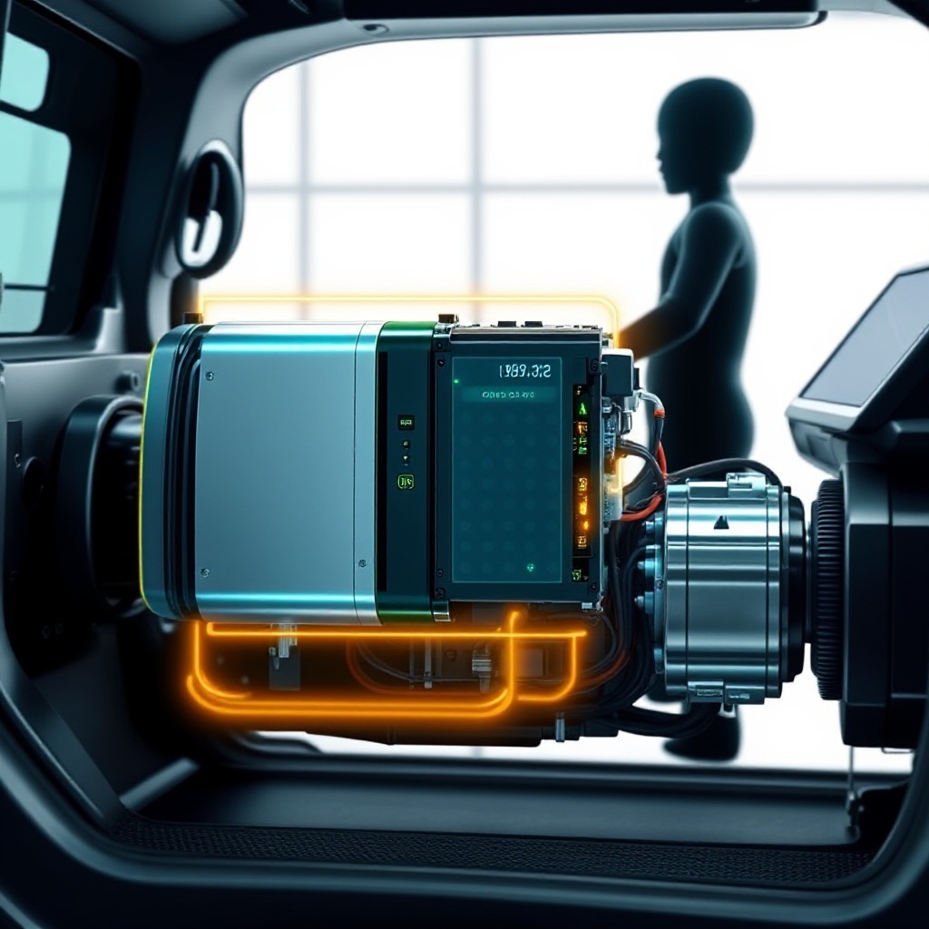 A modern electric vehicle powertrain system highlighting the compact traction inverter using Infineon's CoolSiC technology, showing the reduced size compared to conventional systems.