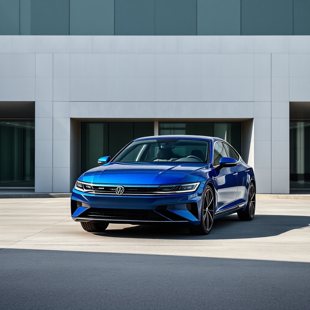 The 2025 Volkswagen Arteon R-Line in Lapiz Blue, showcasing its sleek fastback profile and distinctive wide chrome grille with integrated LED headlights, photographed from a three-quarter front angle against a modern architectural background.