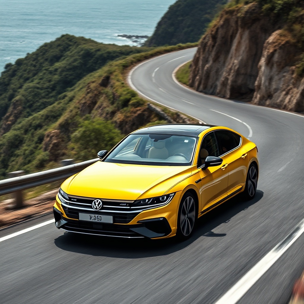 The 2025 Volkswagen Arteon R-Line in motion on a winding coastal Malaysian road, highlighting its dynamic stance and 4MOTION all-wheel drive capabilities.