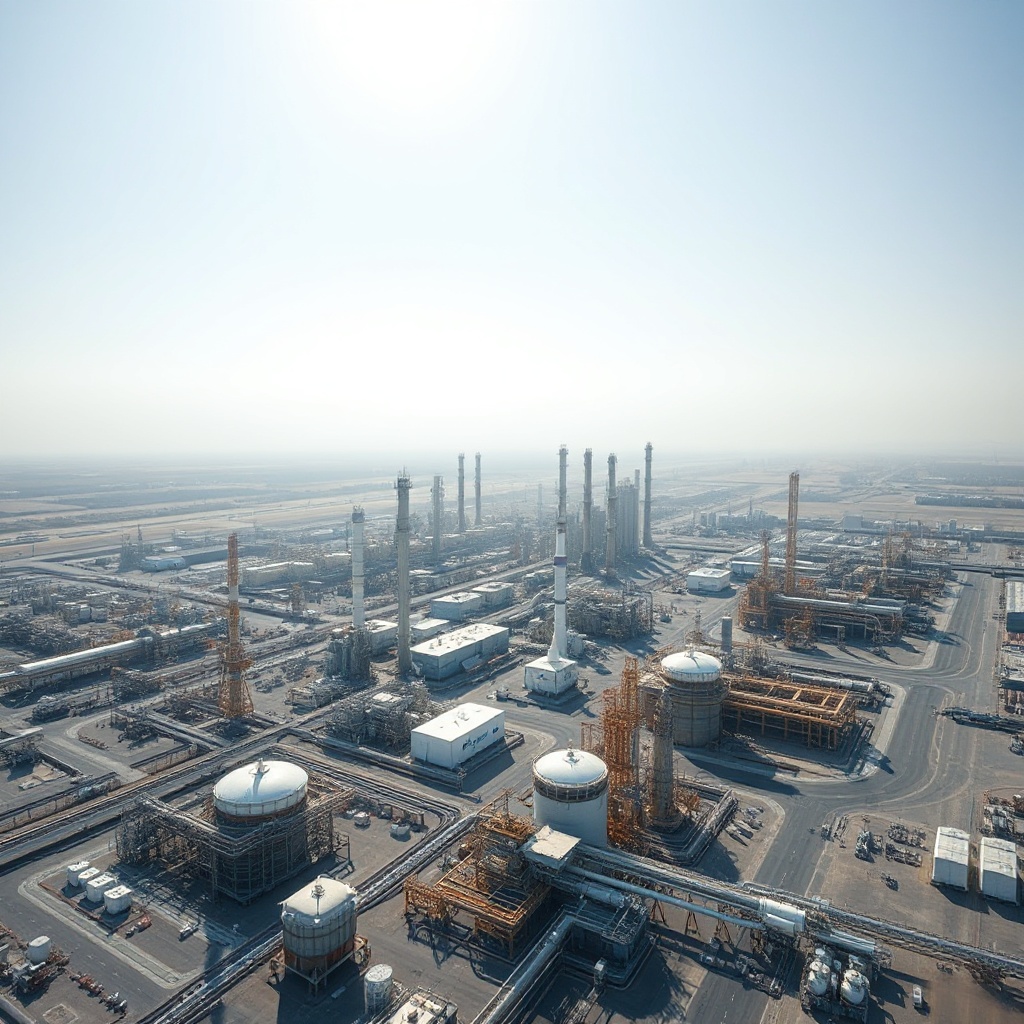 Aerial view of a large ADNOC industrial facility in Abu Dhabi with oil refineries and chemical processing plants, showcasing the scale of the company's operations.