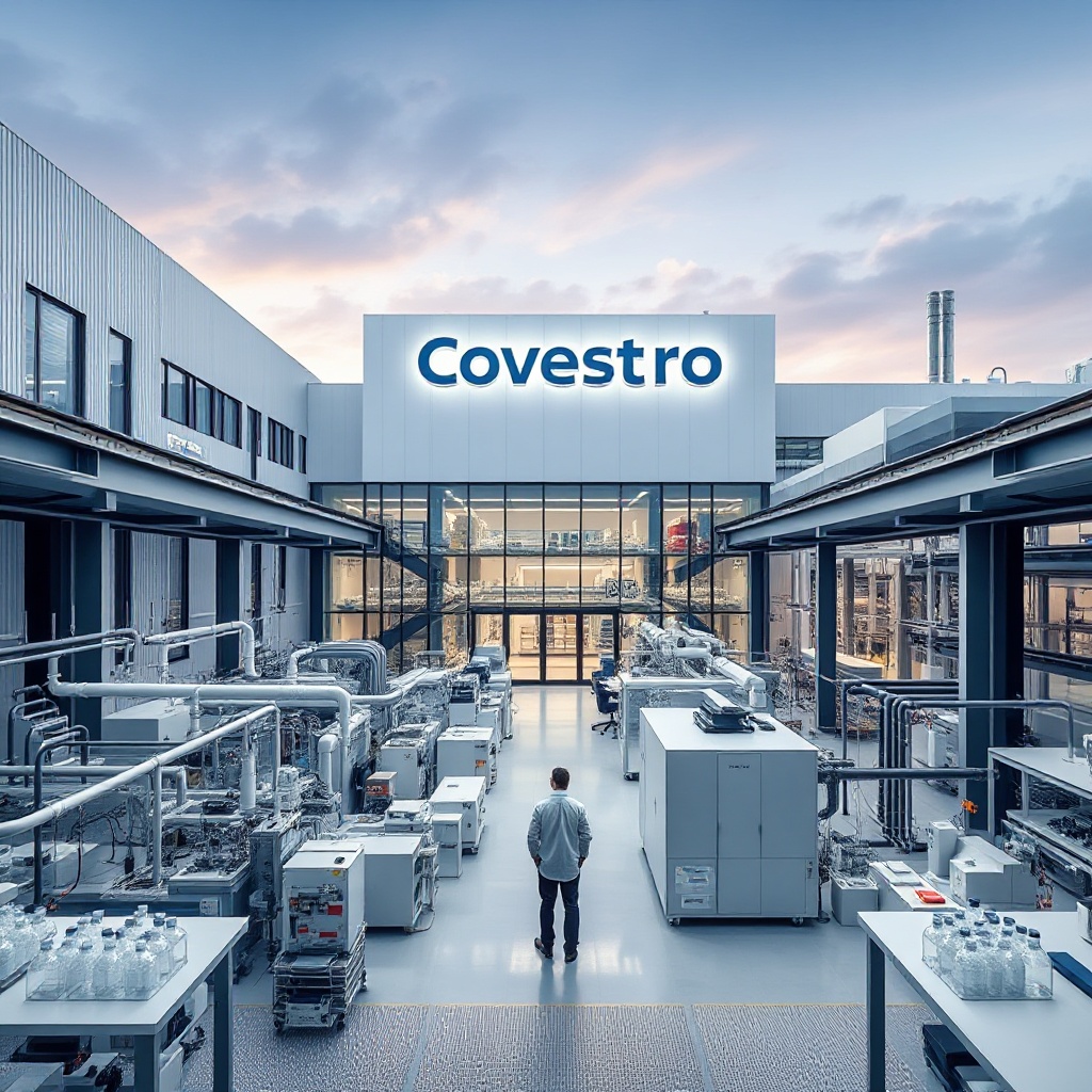 Modern Covestro chemical manufacturing facility in Germany with distinctive architecture and branding, showing production equipment and laboratory facilities.