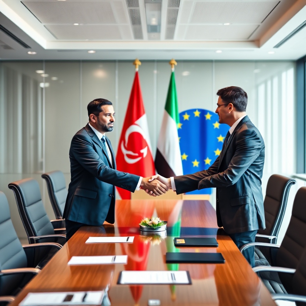 Business executives in formal attire shaking hands in a corporate boardroom with Middle Eastern and European flags visible in the background, symbolizing the international business partnership.