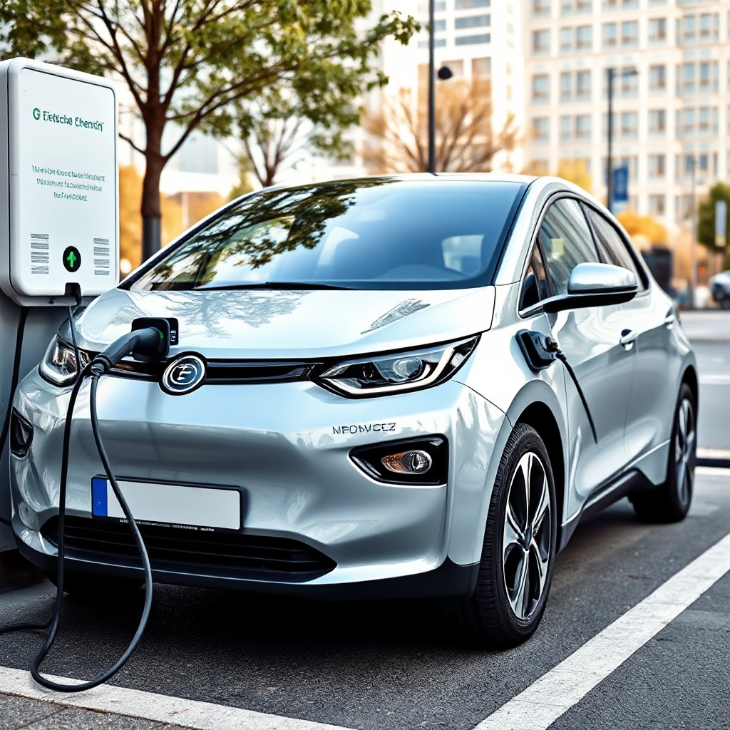A modern electric vehicle parked at a charging station with a visible charging cable connected, urban setting in the background