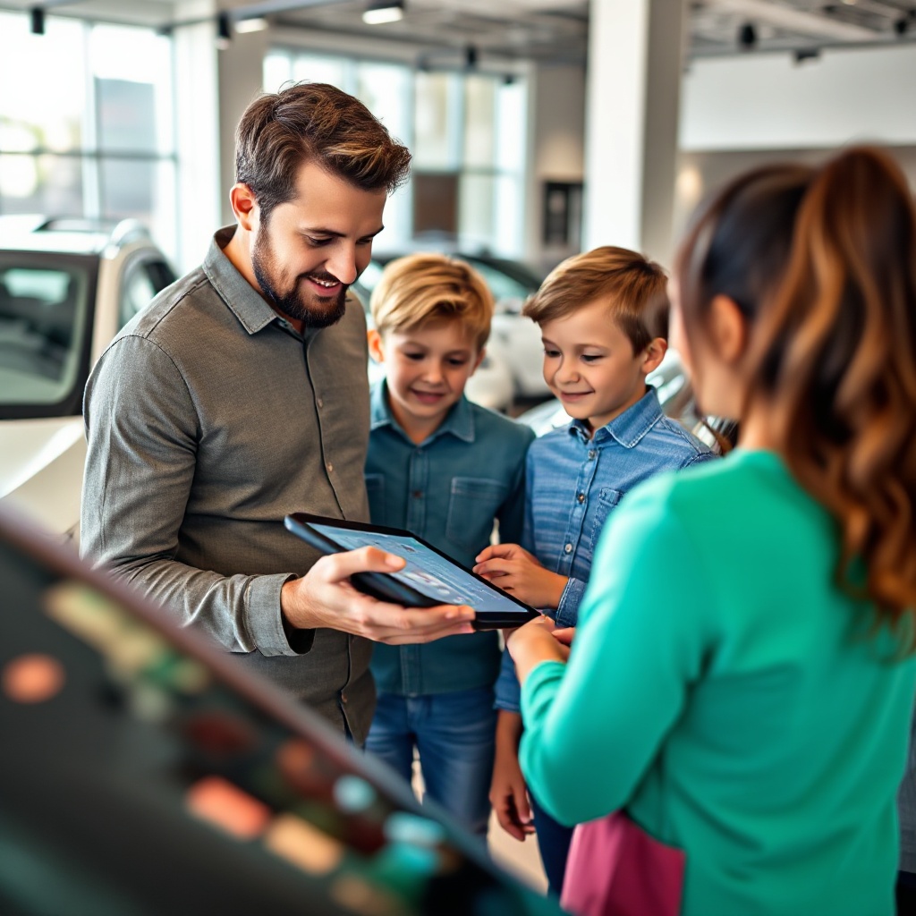 A family looking at electric vehicle options in a contemporary car showroom, with a salesperson showing them details on a tablet
