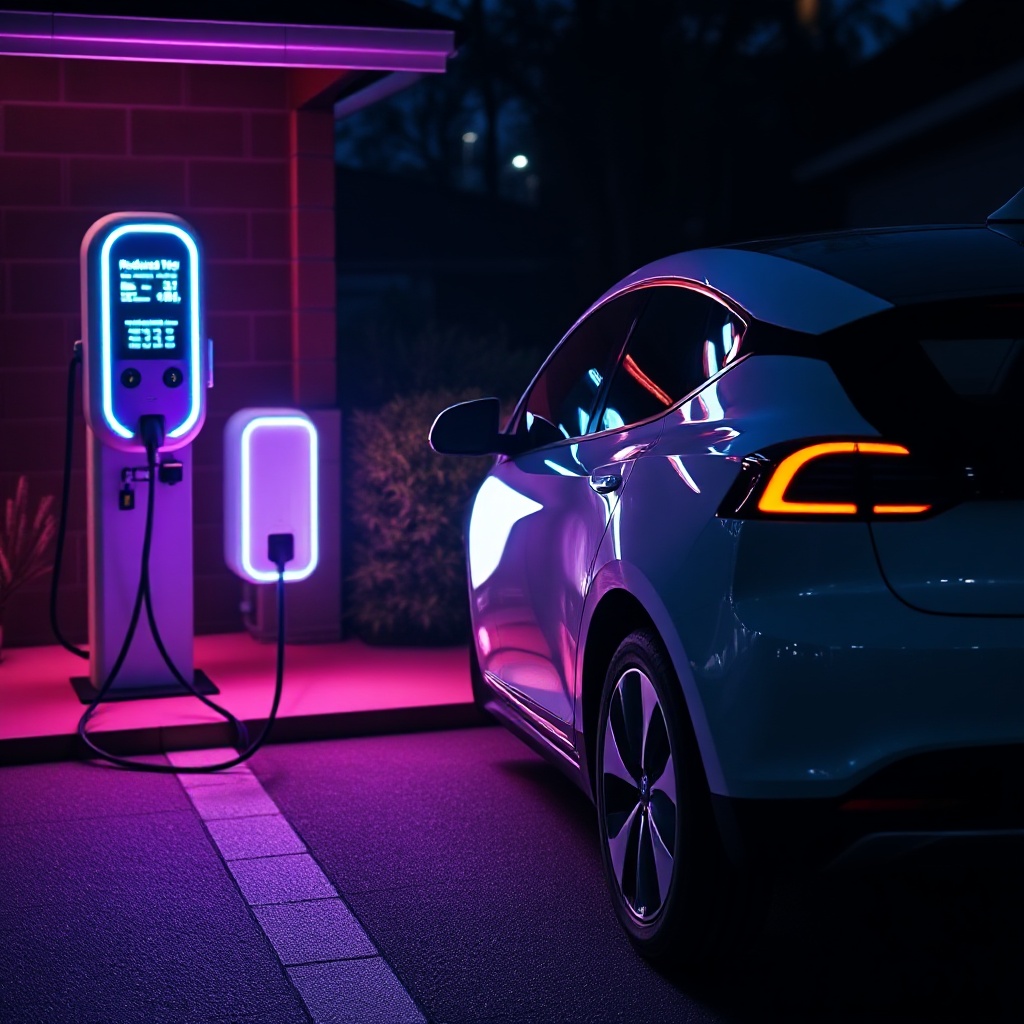 A modern electric vehicle plugged into a home charging station at night with a glowing display showing reduced rate electricity pricing