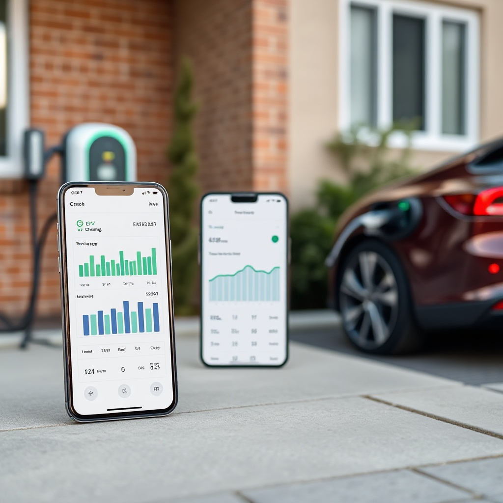 A smartphone displaying an EV charging app with time-of-use pricing charts, next to an electric vehicle charging at home