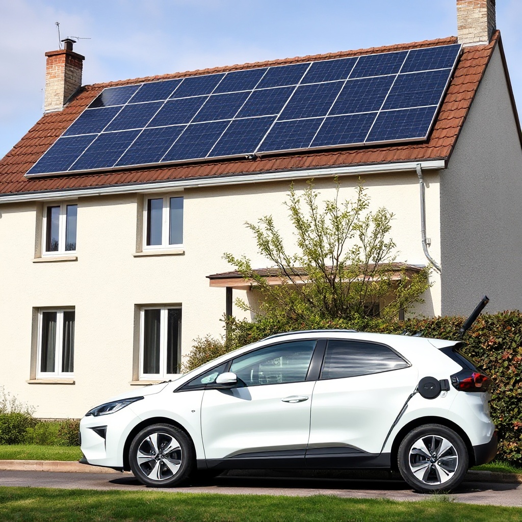 A residential solar panel installation on a French home with an electric vehicle parked alongside, demonstrating the self-consumption concept