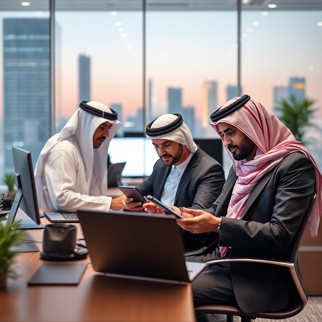 Business professionals in Middle Eastern attire working in a modern hybrid office environment, accessing secure cloud applications on various devices protected by invisible security layers.