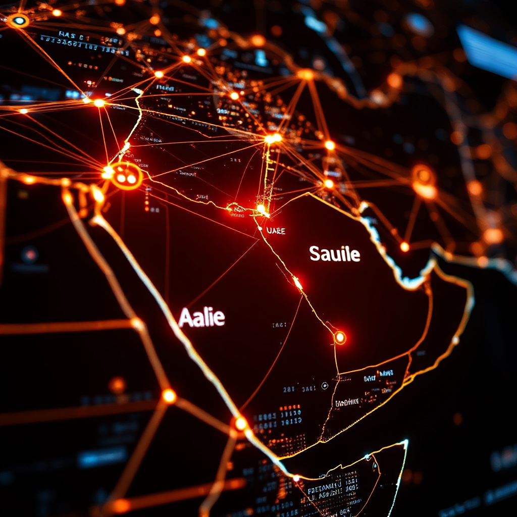 A close-up visualization of advanced AI security analytics detecting and blocking threats in real-time across a network map of the Middle East region, with UAE and Saudi Arabia highlighted as security hubs.