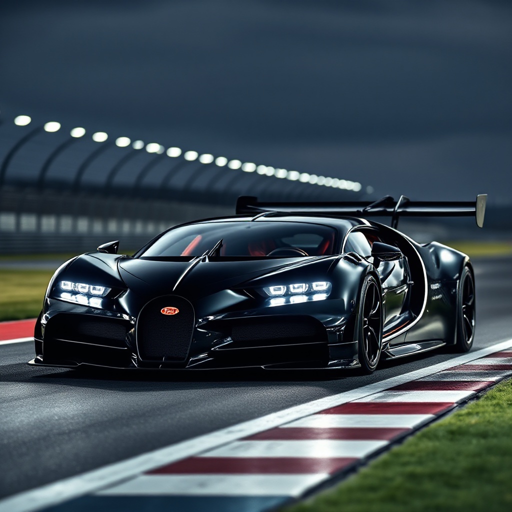 A Bugatti Bolide hypercar in dramatic lighting on a race track, showcasing its aggressive aerodynamic design with visible carbon fiber elements and enormous rear wing.