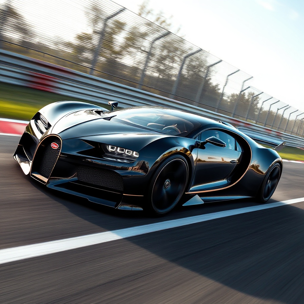 Side profile of the Bugatti Bolide at high speed on a circuit with visible airflow effects around its body, demonstrating its aerodynamic properties.