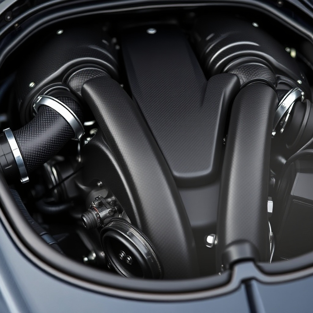 Close-up detail shot of the Bugatti Bolide's quad-turbo W16 engine with carbon fiber components visible, highlighting the engineering marvel at the heart of the hypercar.