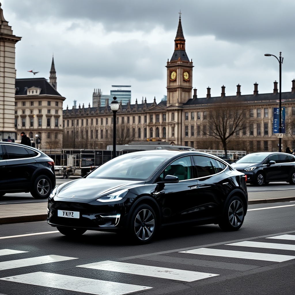 A Tesla Model Y parked in front of a London landmark with fewer Tesla vehicles visible on the street compared to competing electric vehicles from Volkswagen and BYD, symbolizing Tesla's declining market presence in the UK.