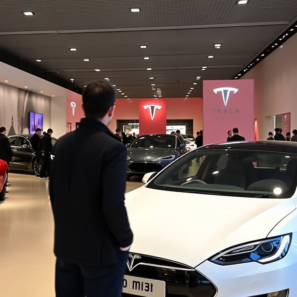A Tesla showroom in London with visibly fewer customers than normal, with competitor dealerships visible in the background showing more activity.