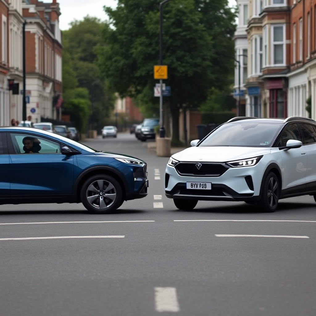 A side-by-side comparison of Tesla Model Y and BYD Atto 3 electric vehicles on a British street, highlighting the growing competition.