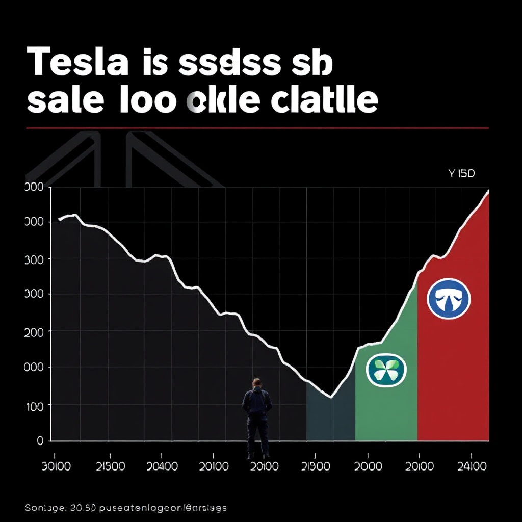 A dramatic chart visualization showing Tesla's declining sales curve against the rising sales lines of Volkswagen and BYD in the UK market.