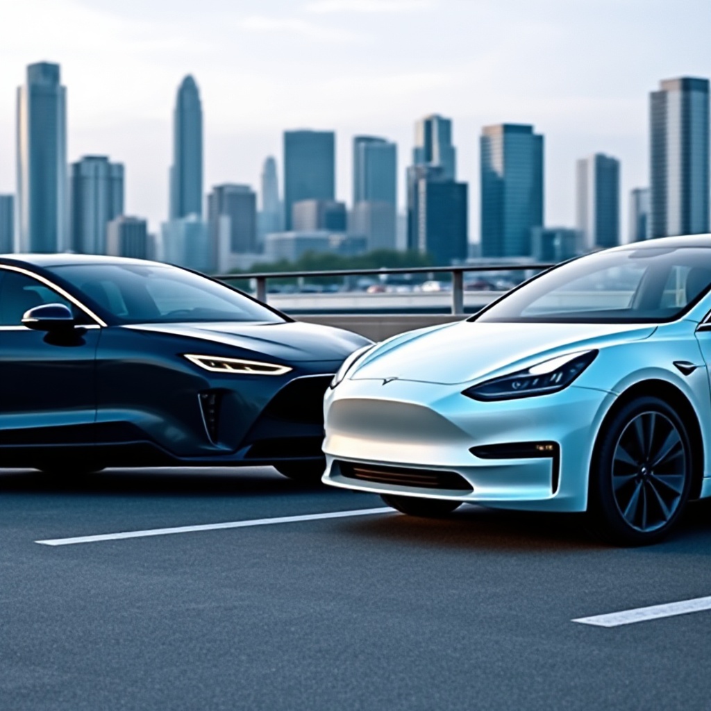 A sleek BYD Seal electric sedan parked beside a Tesla Model 3 with a modern cityscape in the background, showing the competitive new reality of the EV market.