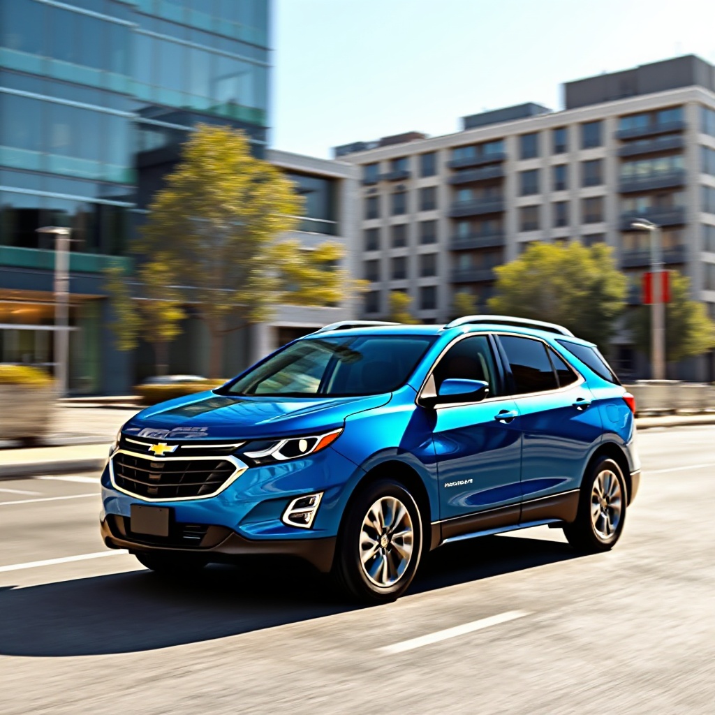 A sleek Chevrolet Equinox EV driving on a city street with modern buildings in the background, showcasing GM's bestselling electric vehicle in vibrant blue color.