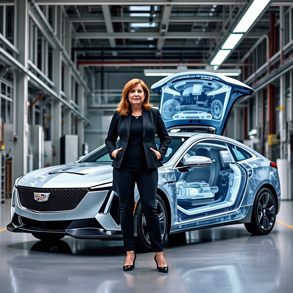GM CEO Mary Barra standing confidently next to a Cadillac Lyriq in a modern production facility, with Ultium battery technology visible in a cutaway display nearby.