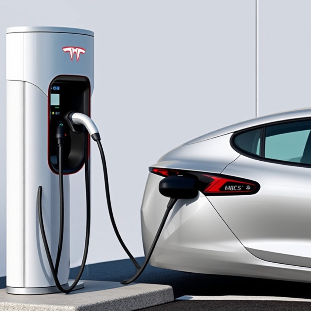A 2025 Hyundai Ioniq 5 plugged into a Tesla Supercharger station, showing the sleek vehicle connected directly with the NACS plug without any adapter, with the charging status displayed on the vehicle's dashboard.