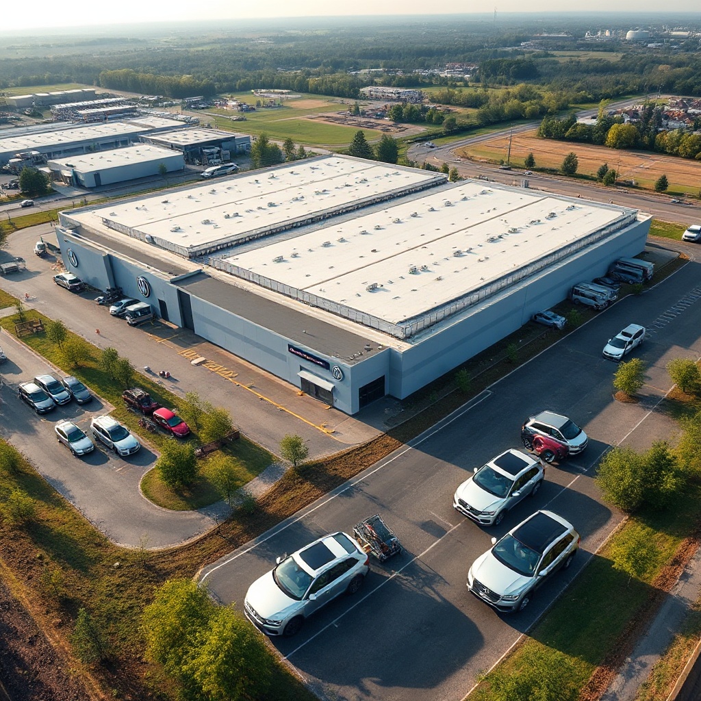 An aerial view of Volkswagen's Chattanooga manufacturing facility with Audi and VW vehicles in the foreground, showcasing potential shared production capabilities.