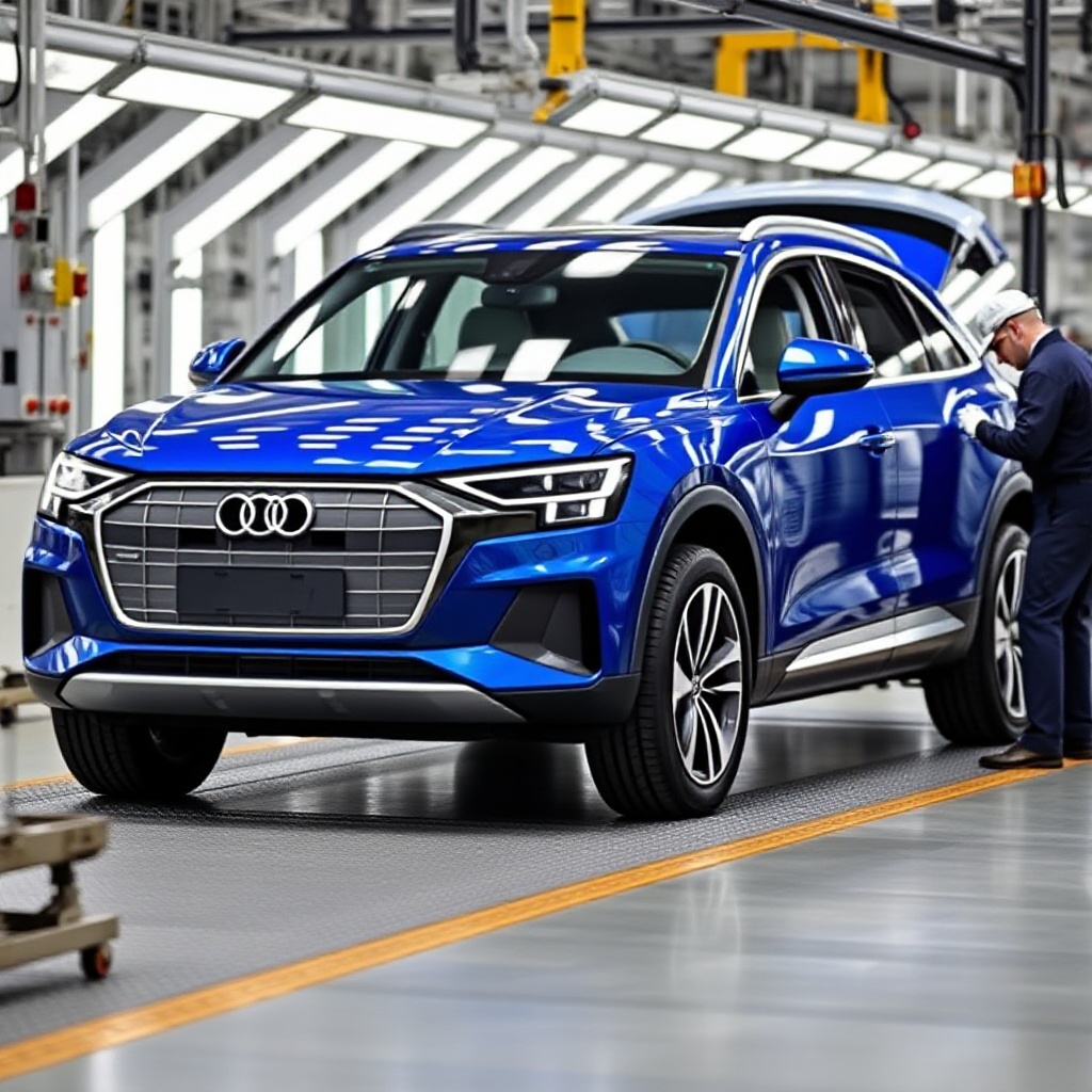 A blue Audi Q4 e-tron electric SUV on an assembly line with technicians working, representing the most likely candidate for U.S. domestic production.