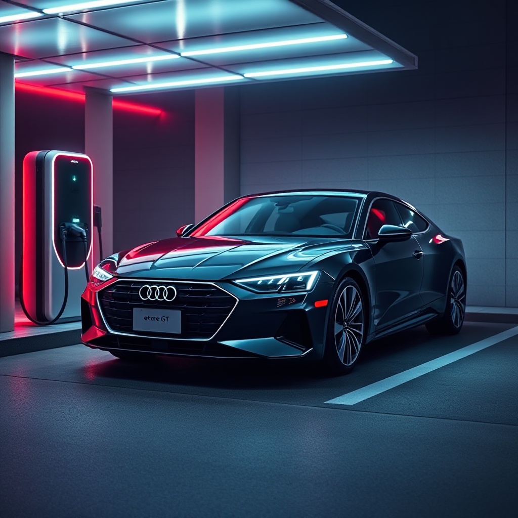 A sleek Audi e-tron GT charging at a modern charging station with dramatic lighting, showcasing the vehicle's distinctive design elements and sophisticated technology.