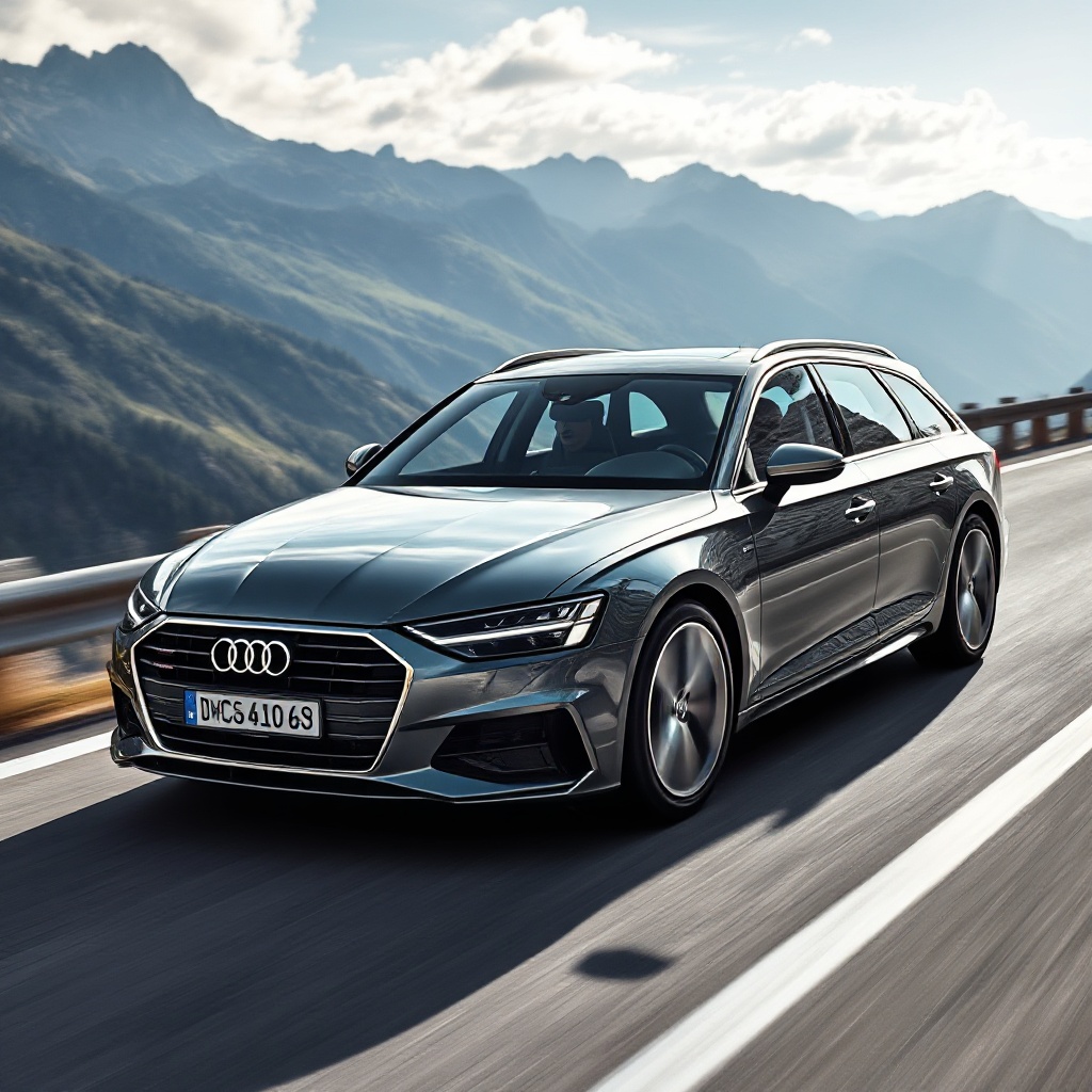 The new Audi A6 Avant e-hybrid in motion on a scenic European mountain road, highlighting its elegant profile and premium positioning.
