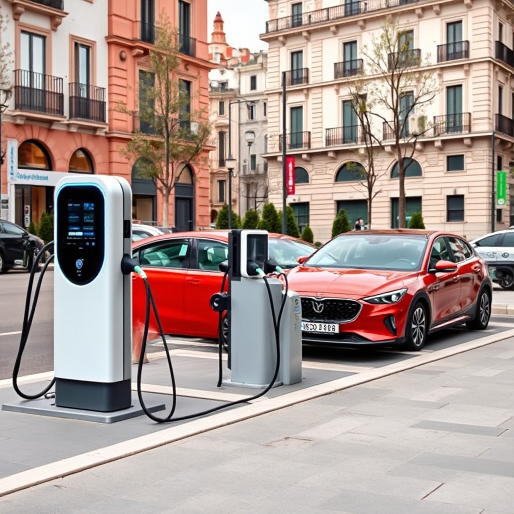 A modern electric vehicle charging station in Madrid with several new model EVs plugged in, including a BYD and MG model, with Spanish architecture in the background.