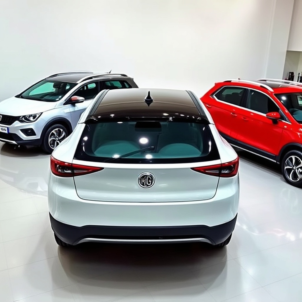 A showroom floor displaying the current best-selling Spanish market cars including the Dacia Sandero, MG ZS, and SEAT Arona side by side, showing their distinctive designs.
