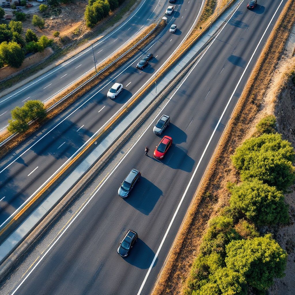 An aerial view of a Spanish highway with visible traffic patterns showing a mix of traditional and electric vehicles, highlighting the ongoing transition in the automotive landscape.