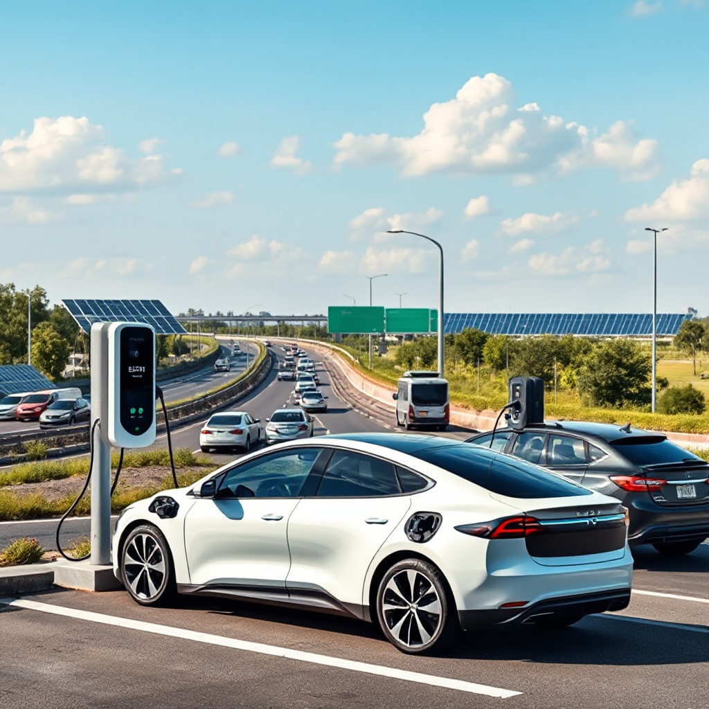 A modern electric vehicle charging at a sleek charging station with solar panels visible in the background, situated near a busy highway with a mix of traditional and electric vehicles passing by.