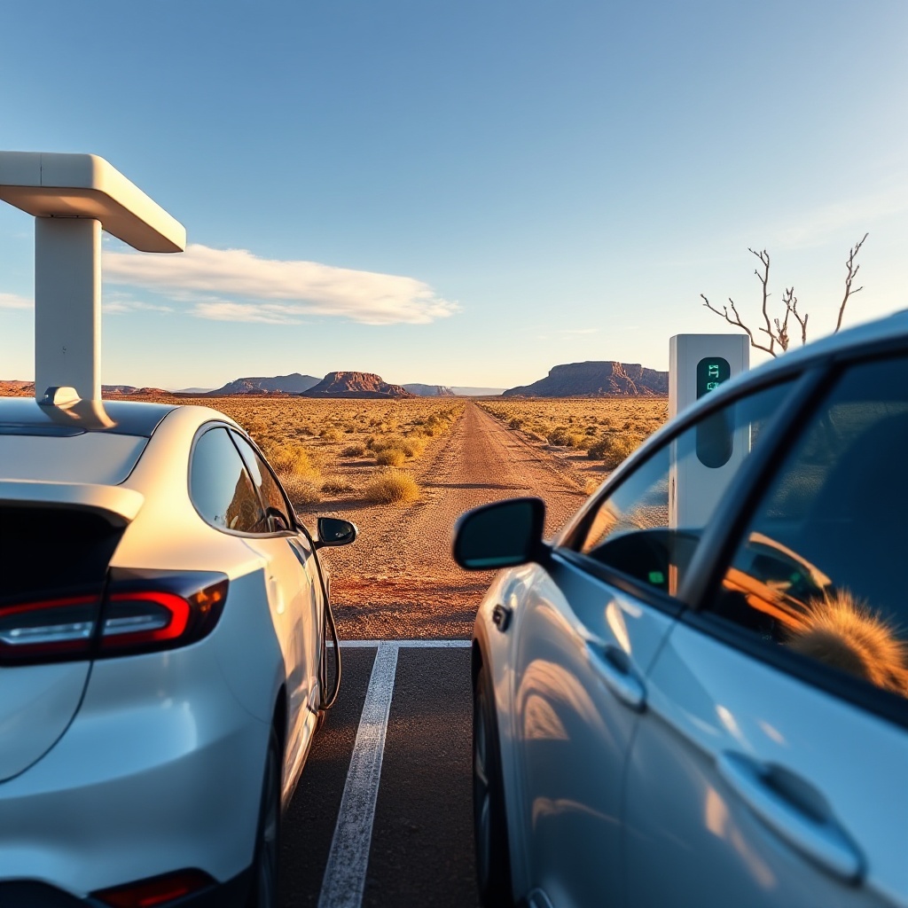 An electric vehicle charging at one of WA's regional charging stations along the 7,000 km electric highway, with Australian outback landscape in the background.