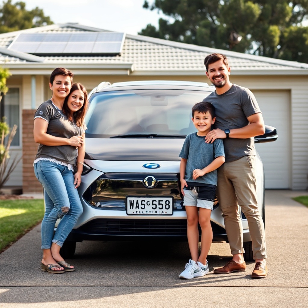 A family standing proudly next to their new electric vehicle with a Western Australian license plate, outside their suburban home with solar panels visible on the roof.