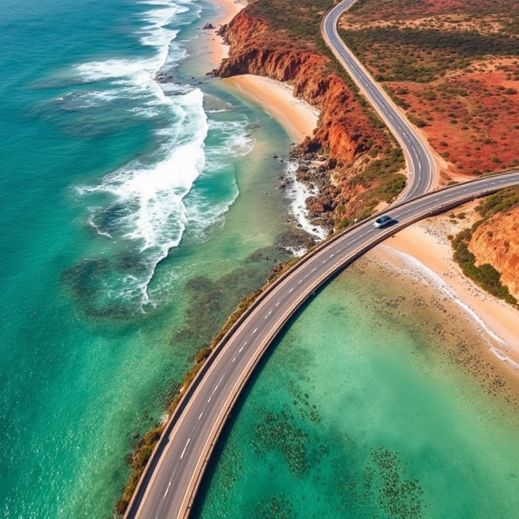 Aerial view of Western Australia's coastline with electric vehicles driving along a scenic highway, showcasing the state's natural beauty and sustainable transportation.